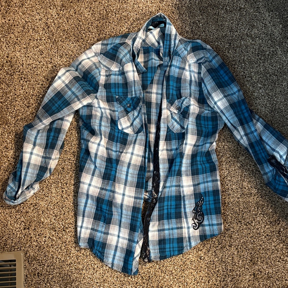 Maurices Teal and White Plaid Button Down Shirt